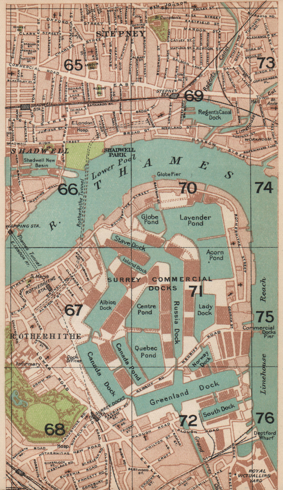 SURREY COMMERCIAL DOCKS. Stepney Shadwell Limehouse Rotherhithe London 1927 map