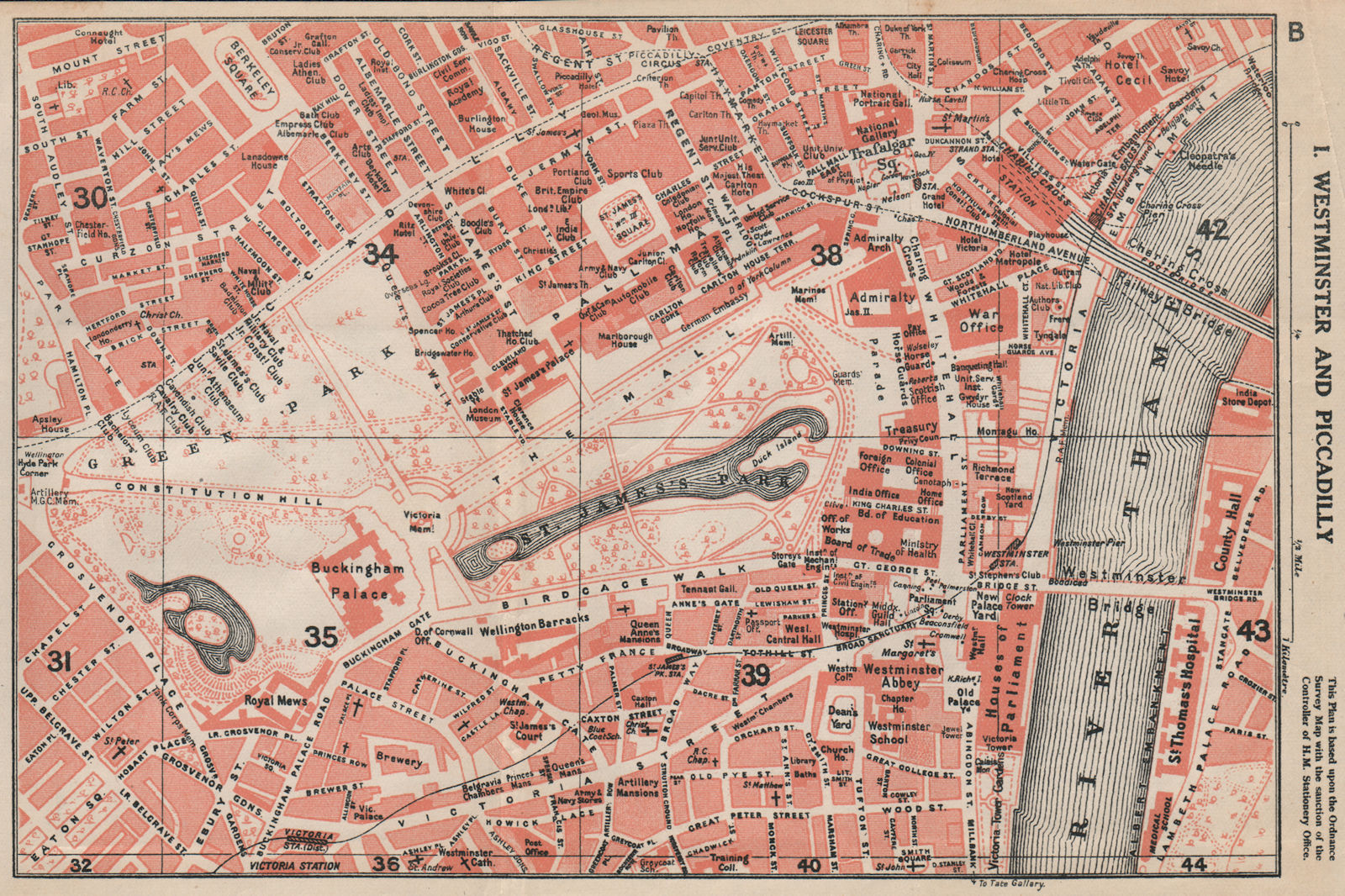 WESTMINSTER & PICCADILLY. Green/St James's park Mayfair Belgravia 1927 old map