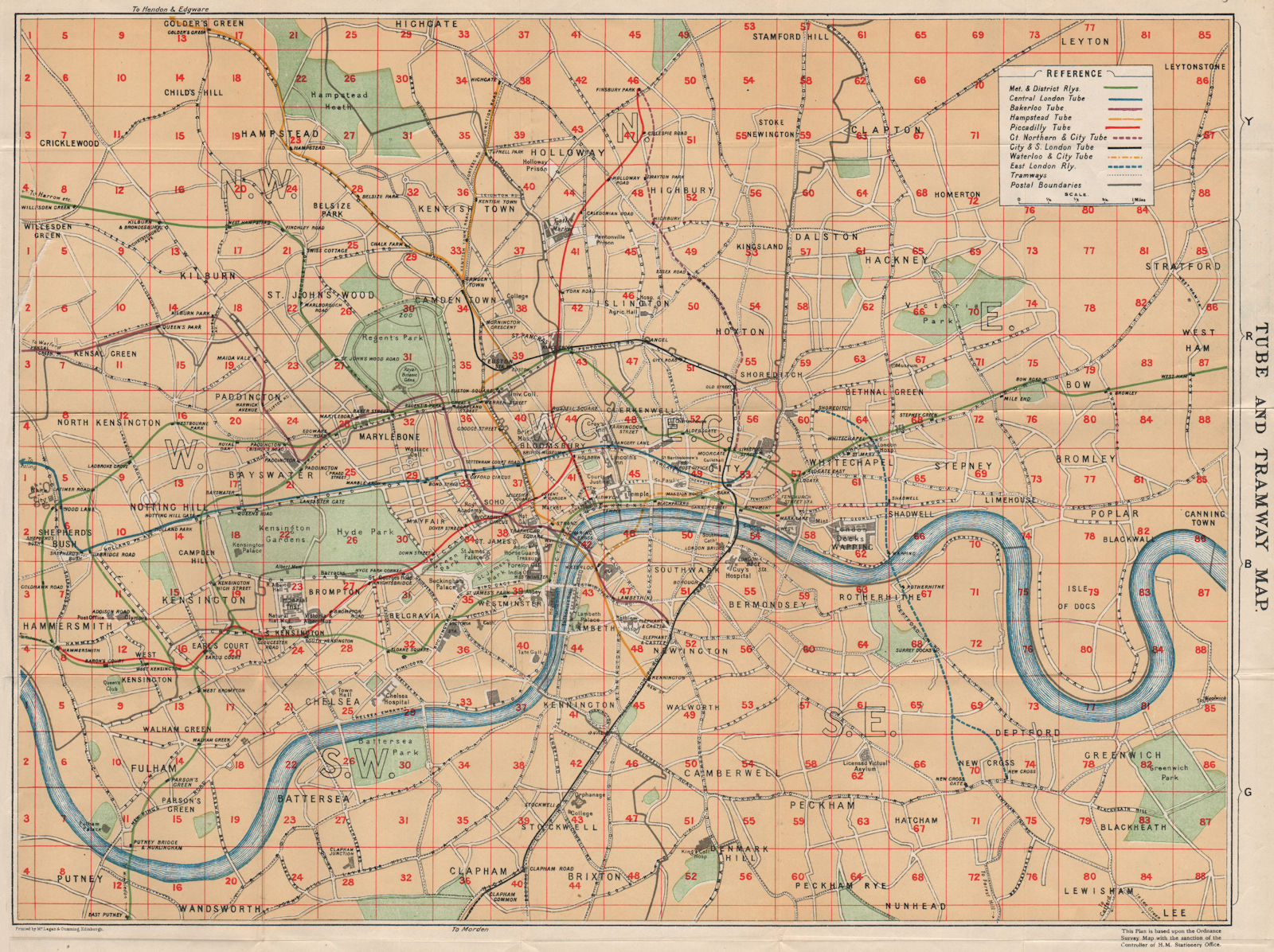 LONDON TUBE AND TRAMWAY MAP. Vintage underground plan. London 1927 old