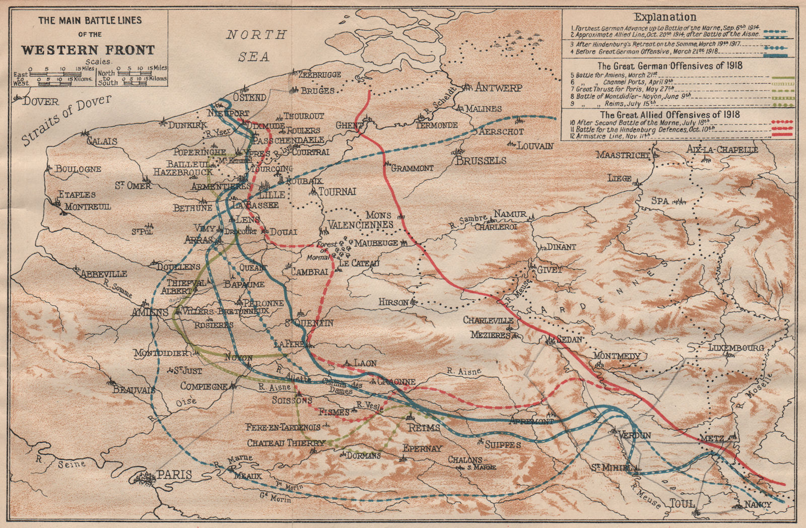 WESTERN FRONT MAIN BATTLE LINES. Vintage map. WW1 First World War. Flanders 1920
