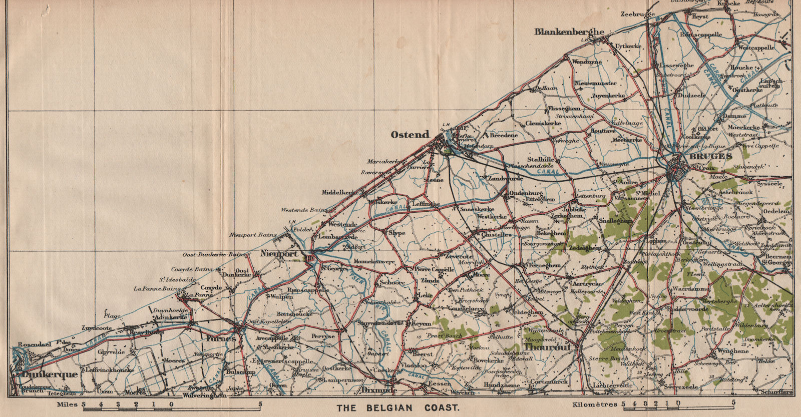 BELGIAN COAST. Brugge Ostend Dunkirk Nieuwpoort Blankenberghe. Belgium 1920 map