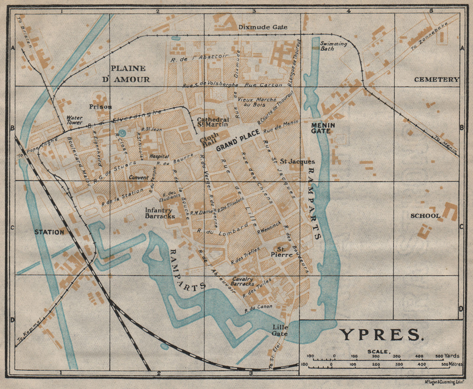 YPRES. Vintage town city map plan. Belgium 1920 old antique chart