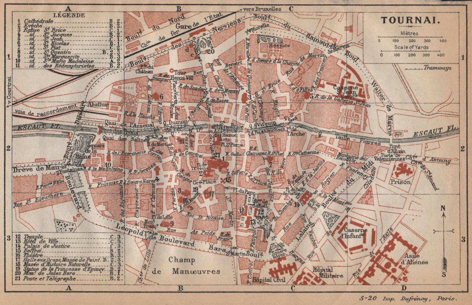 TOURNAI. Vintage town city map plan. Belgium 1920 old antique chart