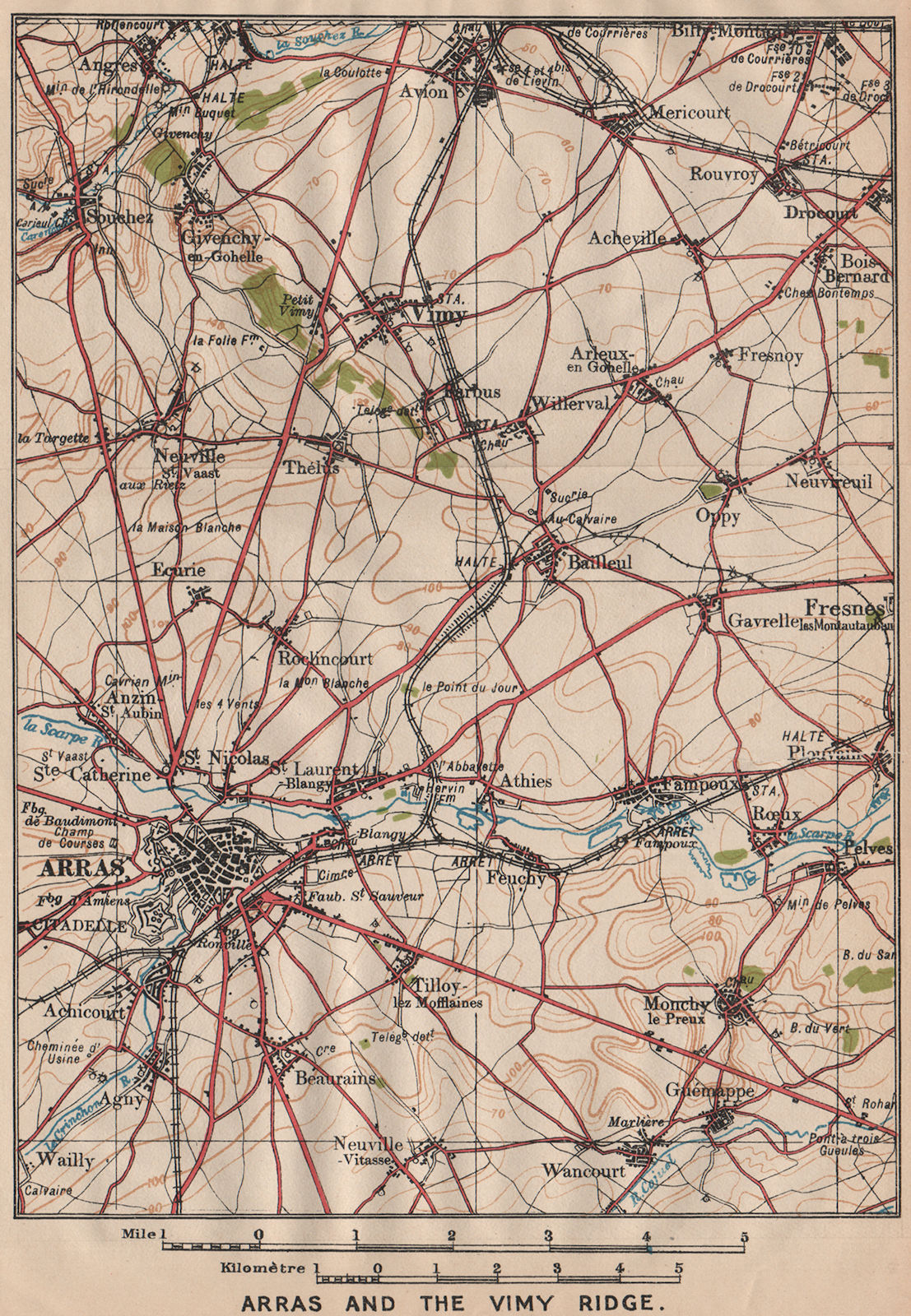 Associate Product ARRAS AND THE VIMY RIDGE. Vintage map plan. Pas-de-Calais 1920 old antique