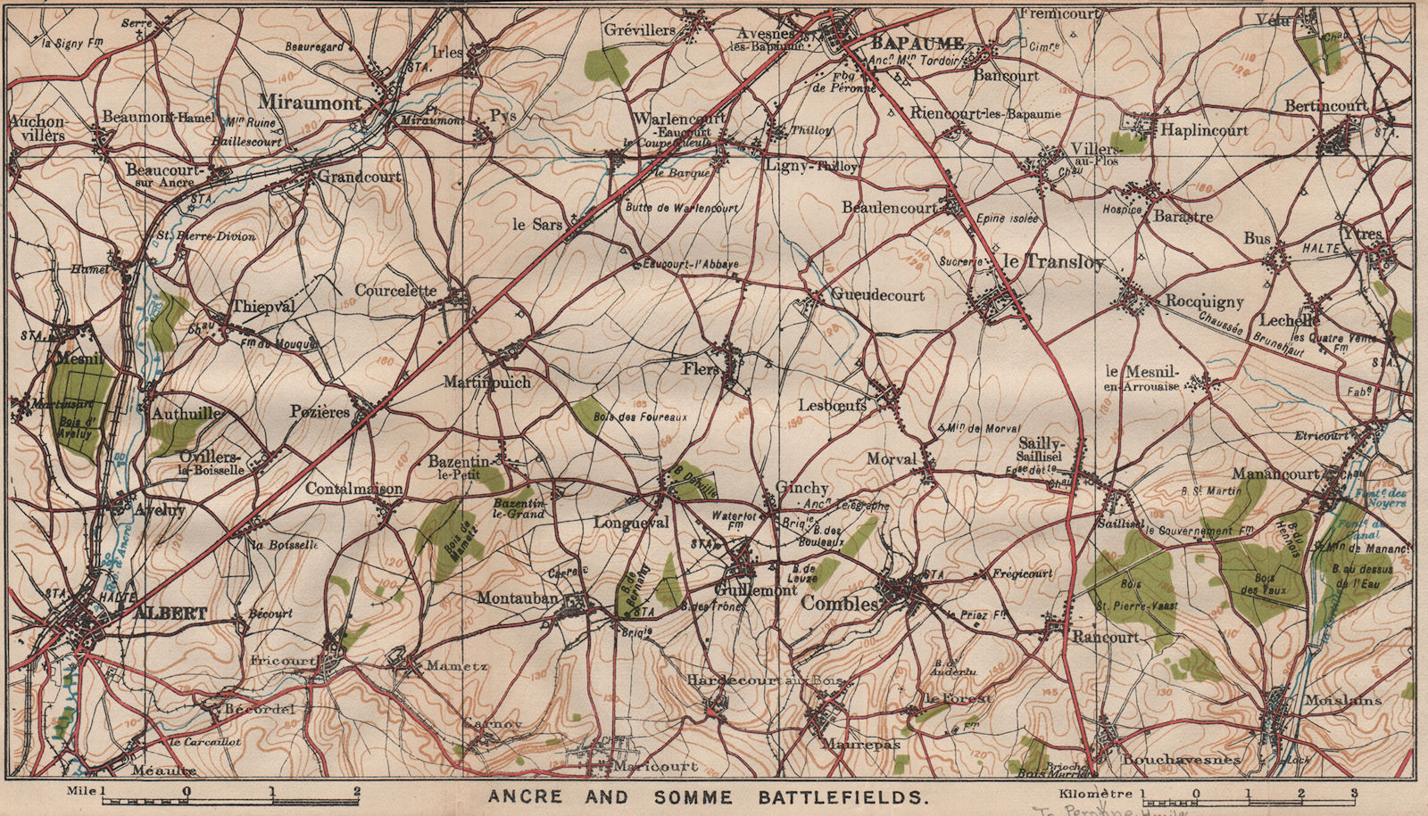 WW1 ANCRE & SOMME BATTLEFIELDS. Bapaume Albert Combles Moislains 1920 old map