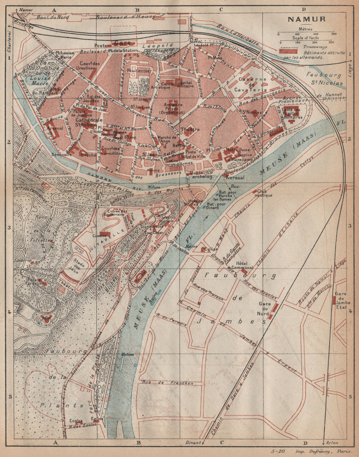 NAMUR. Vintage town city map plan. Belgium 1920 old antique chart