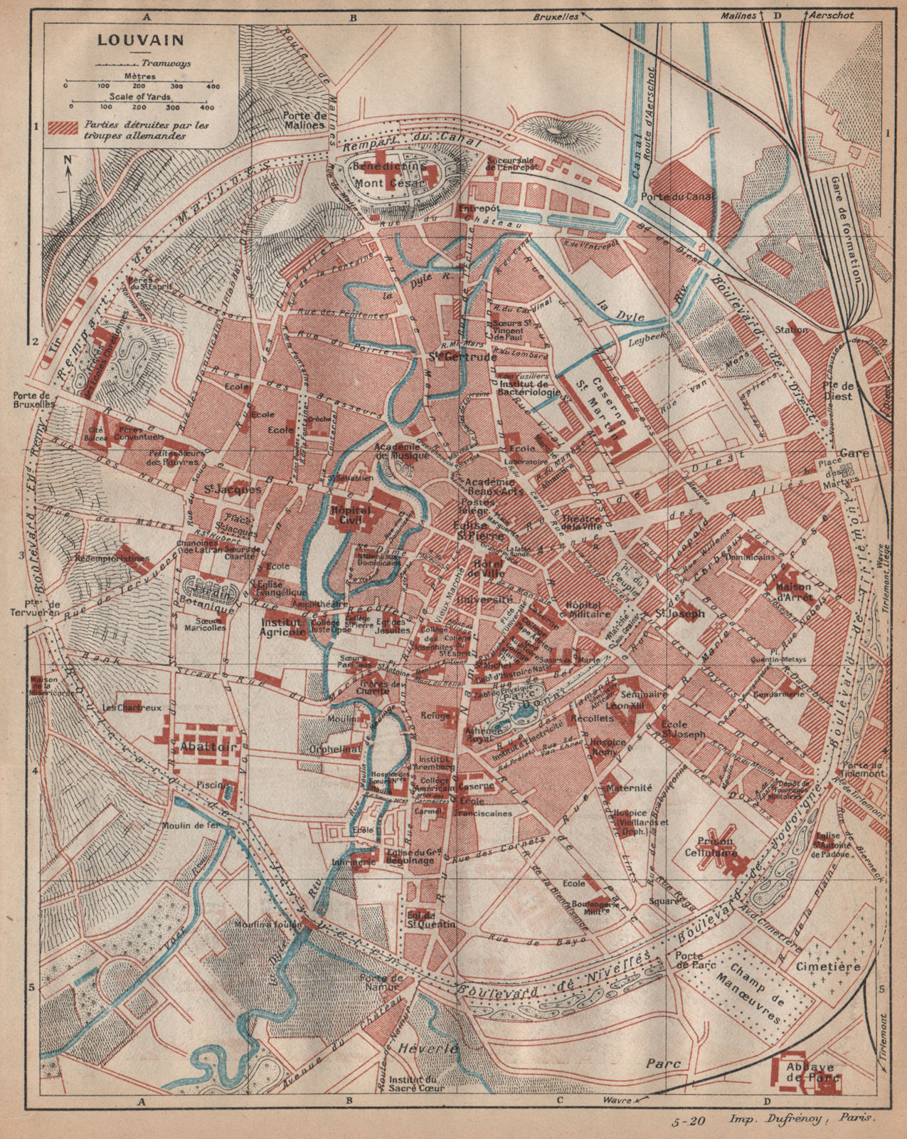 LOUVAIN (LEUVEN) . Vintage town city map plan. Belgium 1920 old antique