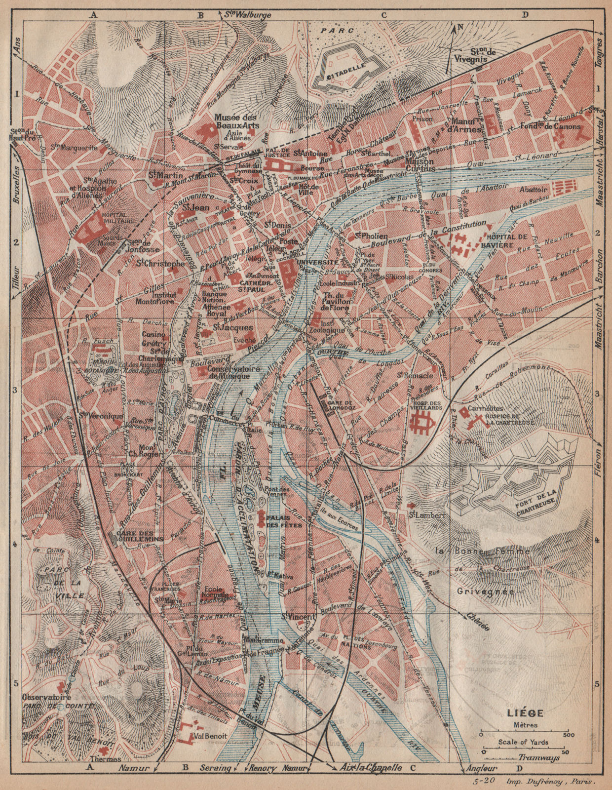 LIÈGE. Vintage town city map plan. Belgium. Liège 1920 old antique chart