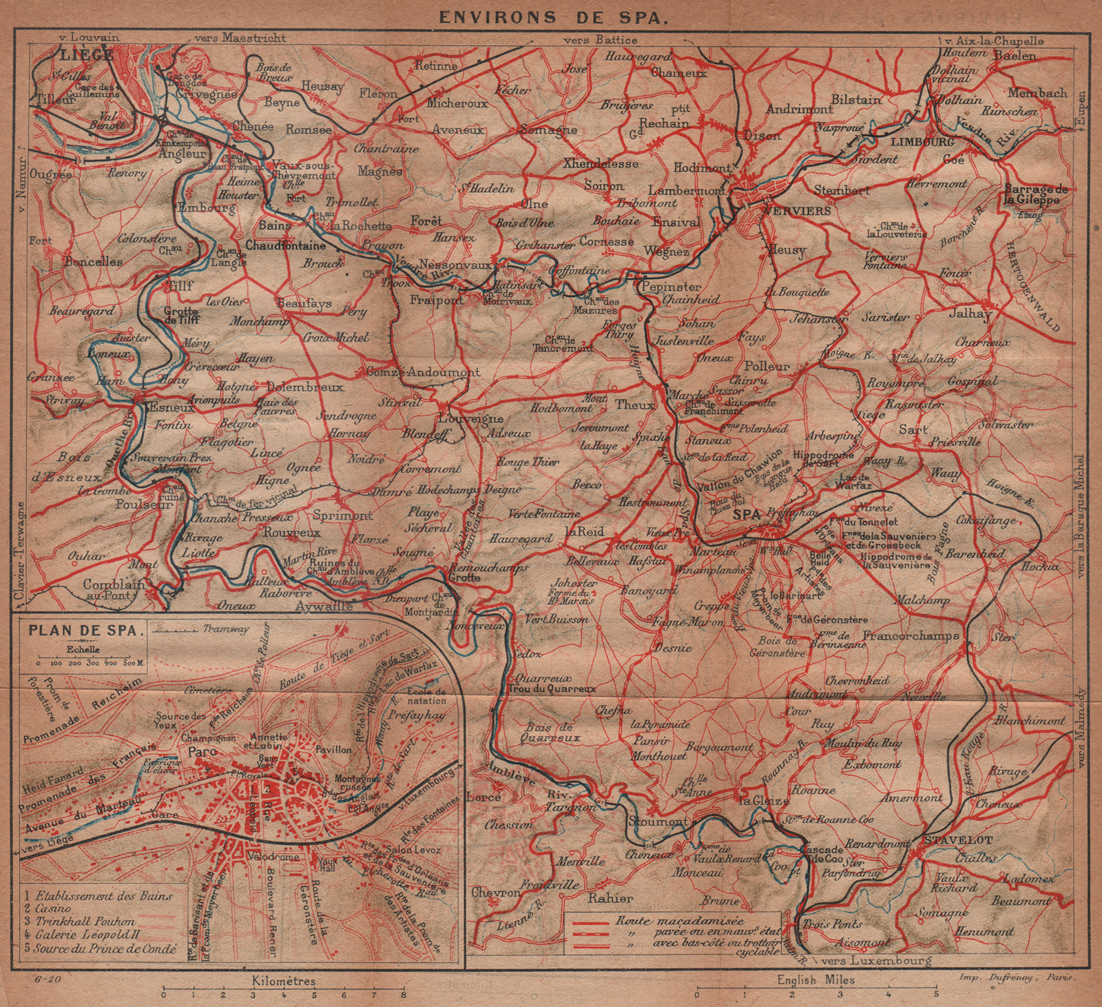 Associate Product SPA BELGIUM ENVIRONS. Liège Liège Verviers. Vintage map plan. Belgium 1920