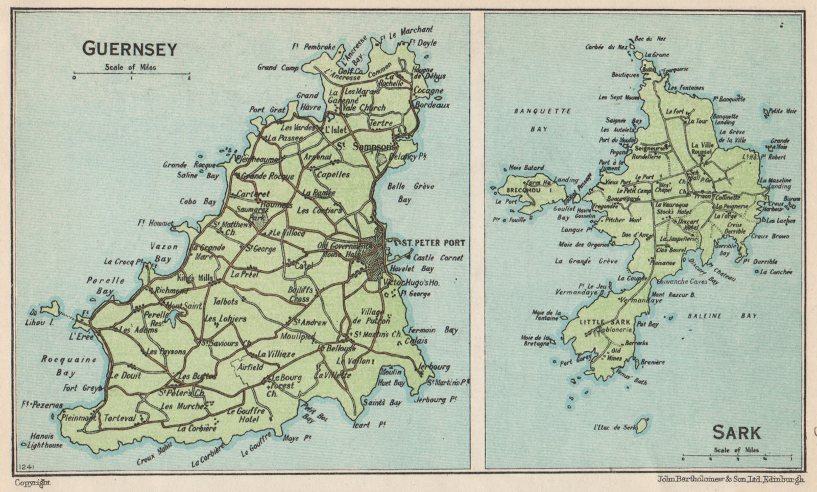 Associate Product GUERNSEY & SARK. Vintage map plan. Channel Islands. St Peter Port 1950 old