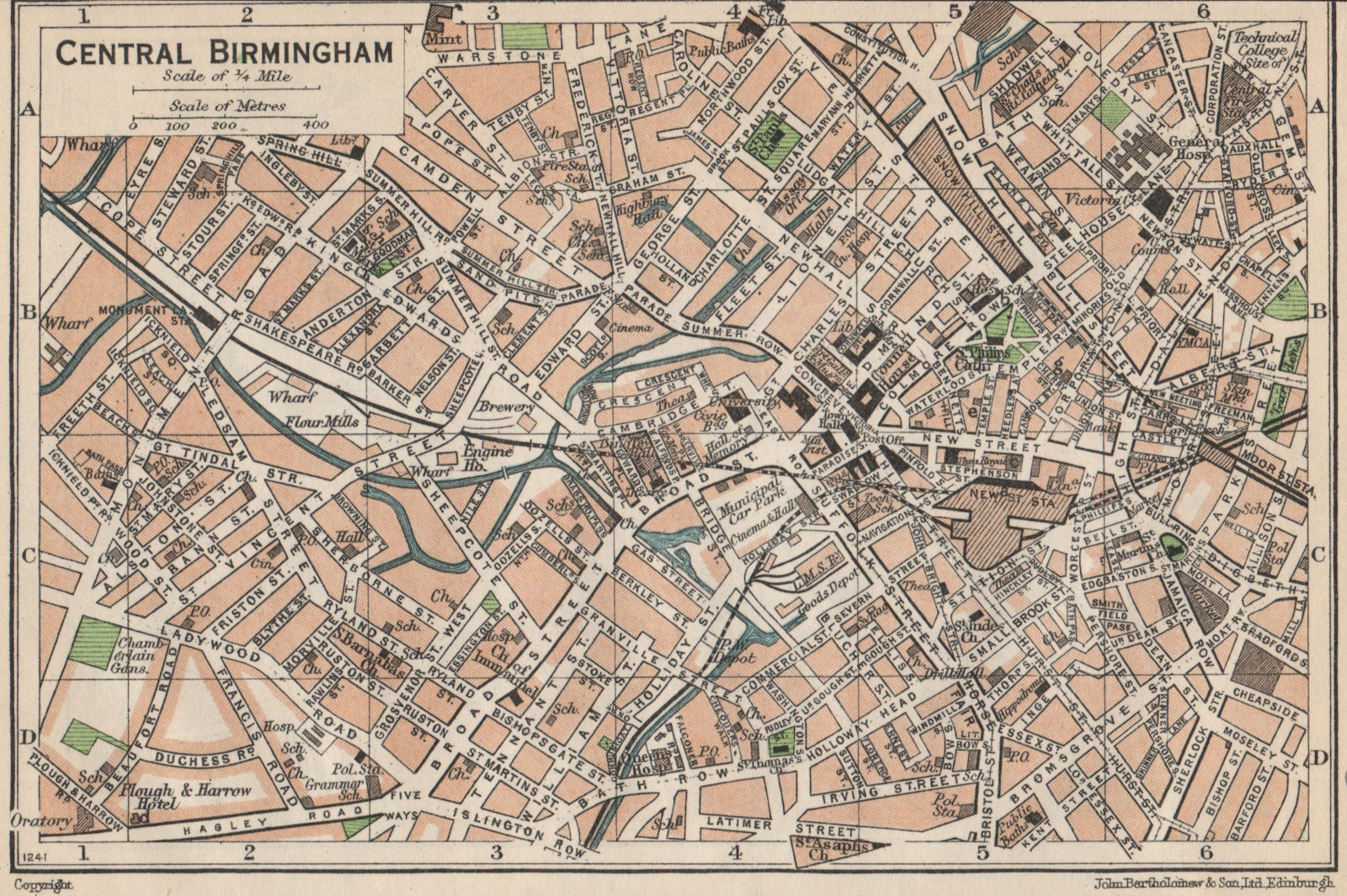 CENTRAL BIRMINGHAM. Vintage town city map plan. Warwickshire 1950 old