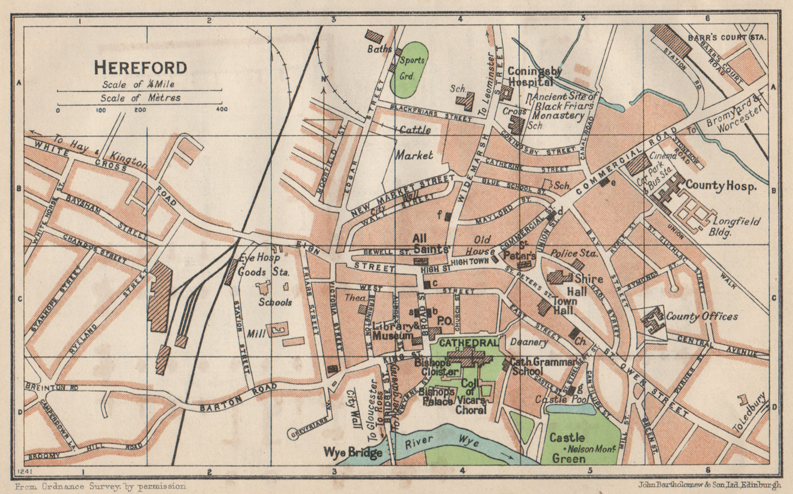 HEREFORD. Vintage town city map plan. Herefordshire 1950 old vintage chart