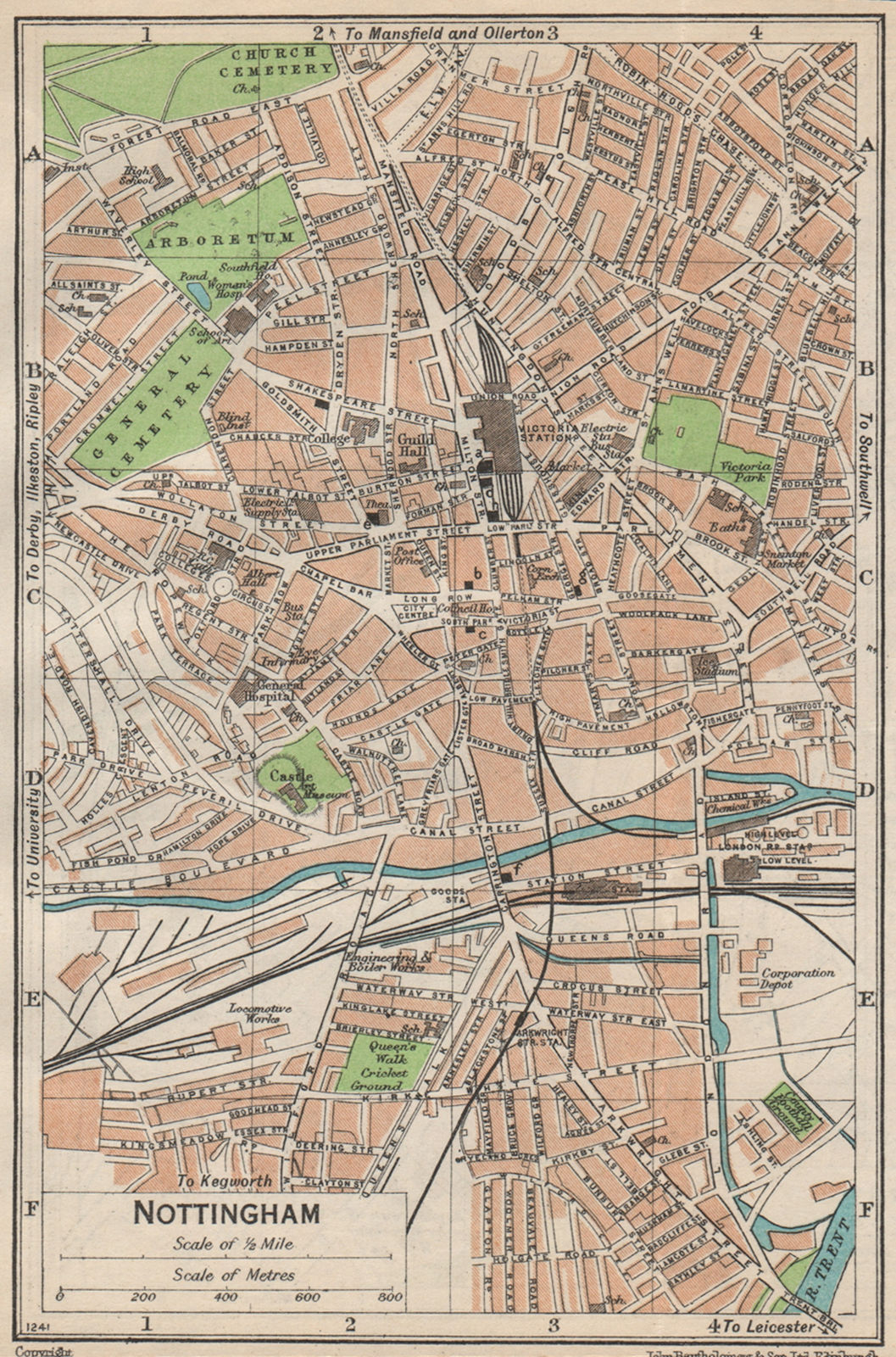 Associate Product NOTTINGHAM. Vintage town city map plan. Nottinghamshire 1950 old vintage