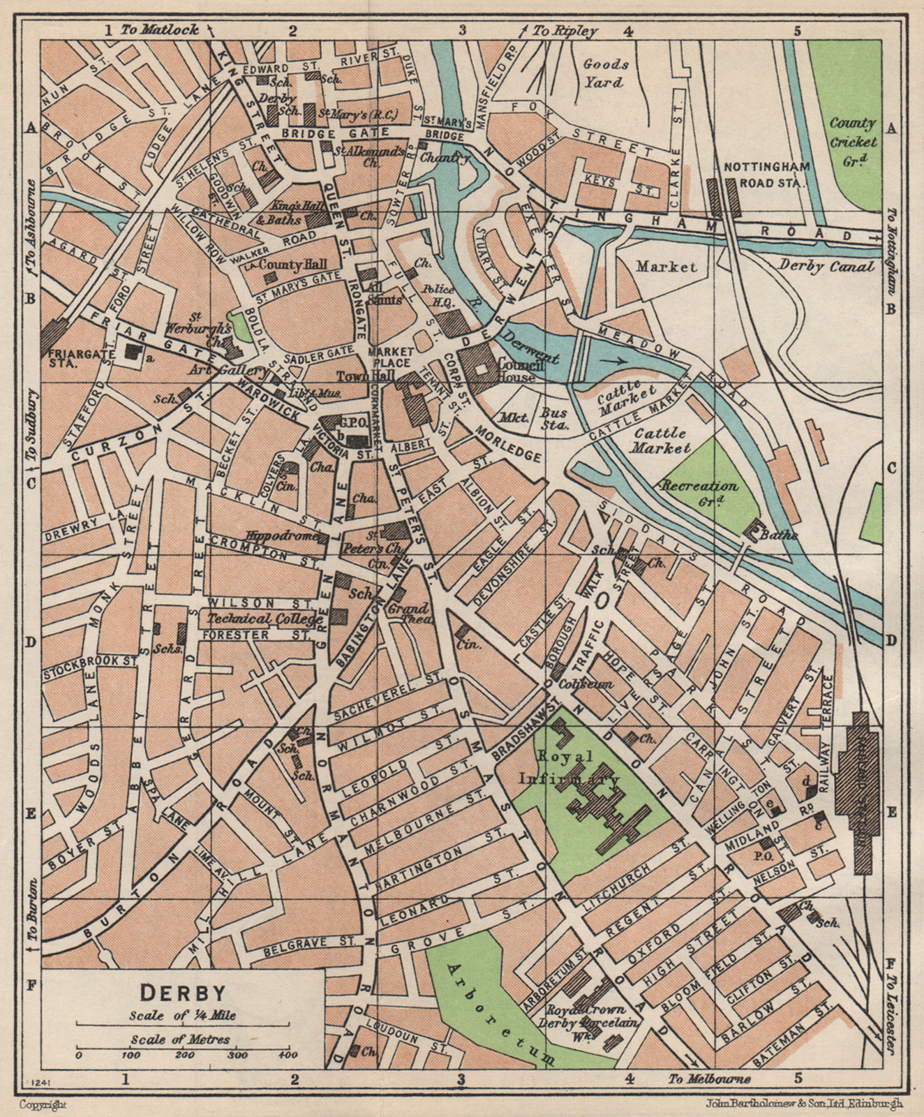 DERBY. Vintage town city map plan. England 1950 old vintage chart