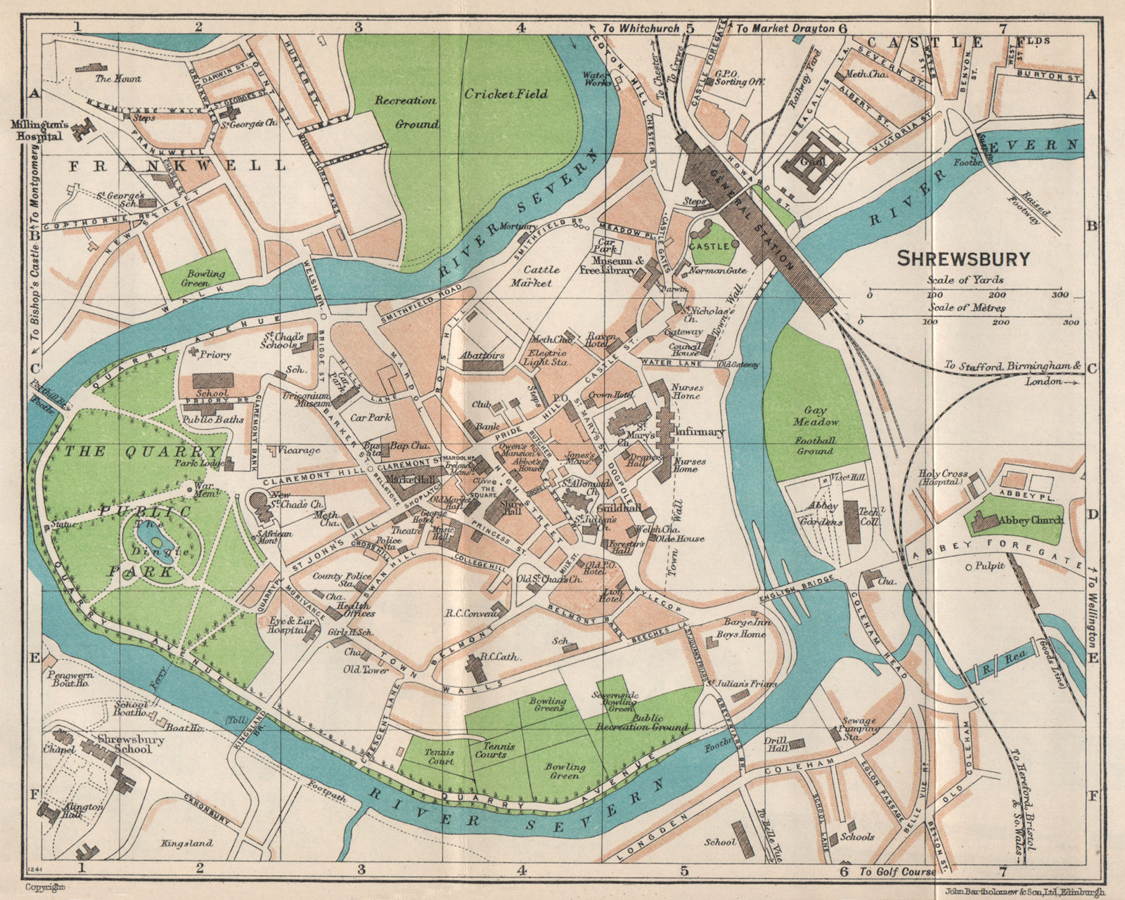 SHREWSBURY. Vintage town city map plan. Shropshire 1950 old vintage chart