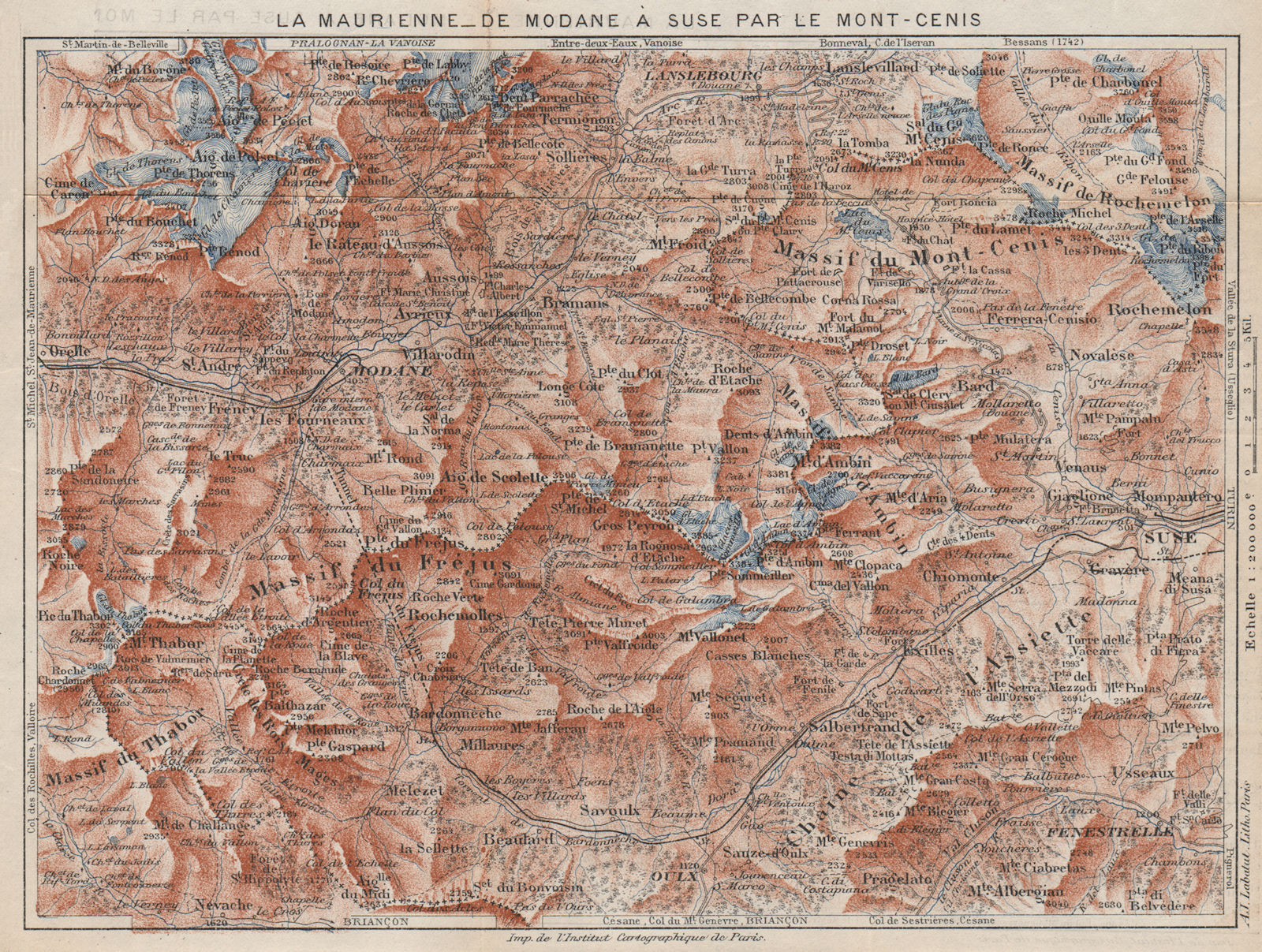 LA MAURIENNE. Modane Susa Mont-Cenis Val Thorens. Vintage map plan. Savoie 1923