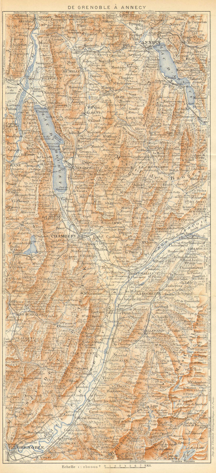 DE GRENOBLE À ANNECY.Chambéry Cartosio Bauges.Isère Savoie.French Alps 1923 map