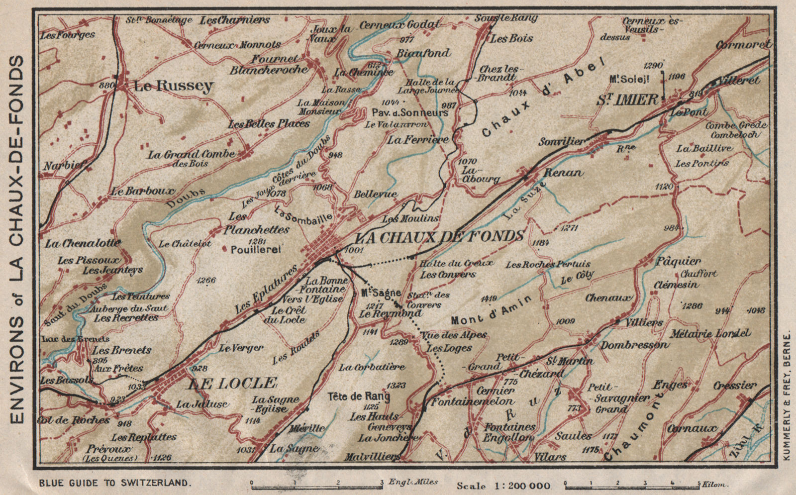 Associate Product LA CHAUX-DE-FONDS ENVIRONS. Vintage map. Le Locle. St-Imier. Switzerland 1930