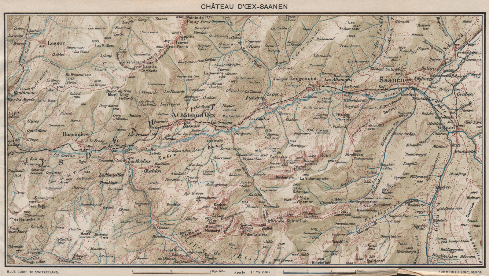 UPPER SAANE/SARINE VALLÉE VALLEY.Château d'Oex Gstaad Saanen.Vaud Berne 1930 map