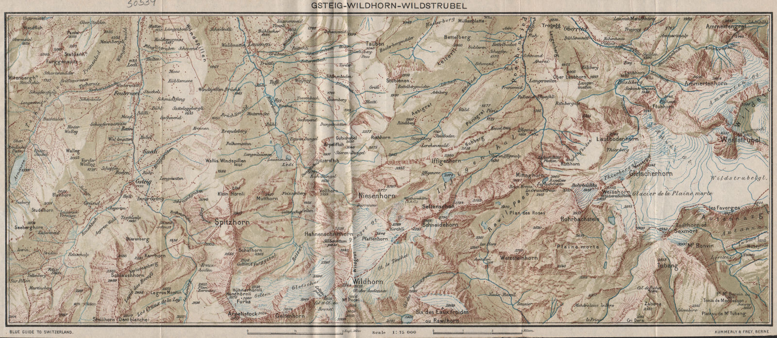 BERNER OBERLAND. Gsteig Wildhorn Wildstrudel Lauenen Spitzhorn. Vintage map 1930