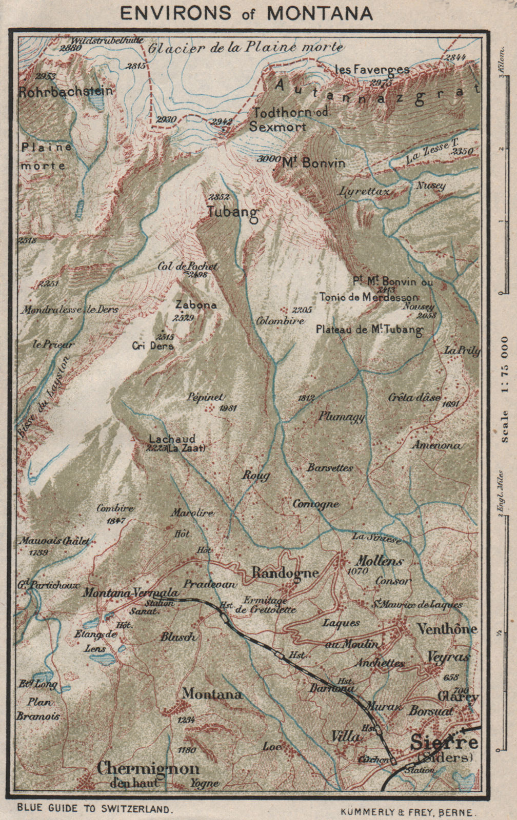 CRANS-MONTANA ENVIRONS. Sierre Aminona Chermignon. Switzerland vintage map 1930
