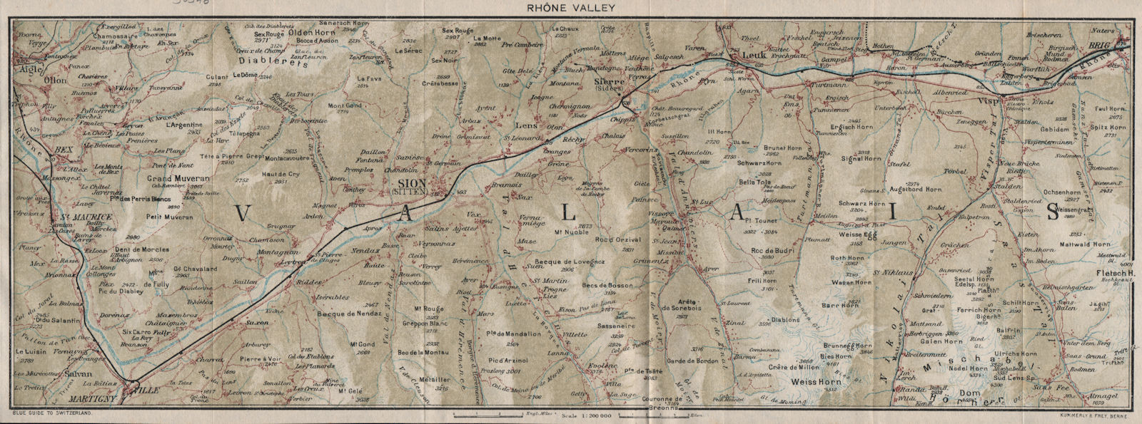 VALAIS RHÔNE VALLEY. Villars Nendaz Sion Crans-Montana. Switzerland 1930 map