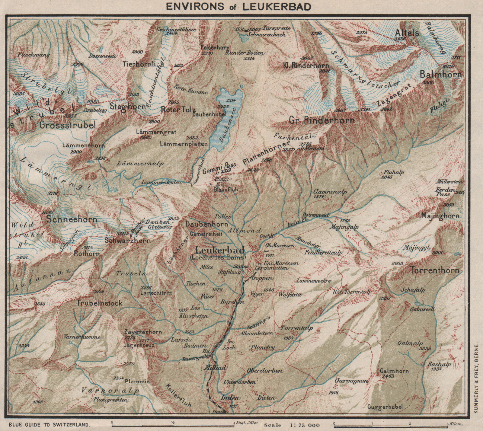 LEUKERBAD & ENVIRONS. Rinderhorn Schneehorn Balmhorn. Switzerland 1930 old map