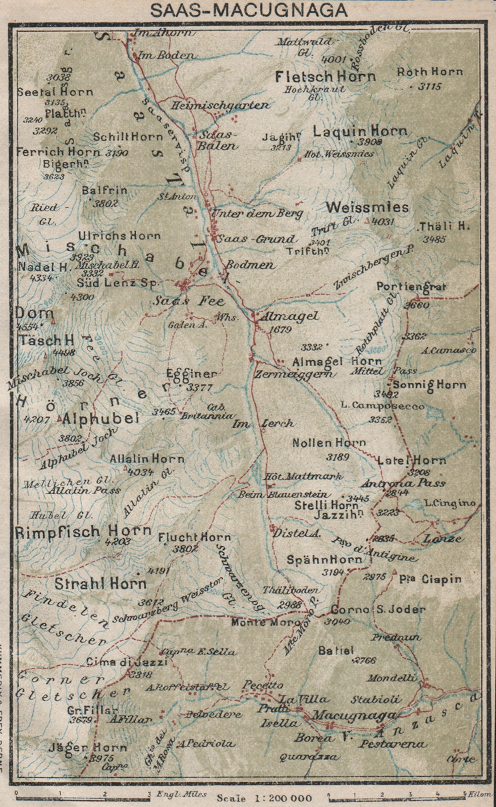 SAAS FEE. Vintage map plan. Macugnaga. Switzerland 1930 old vintage chart