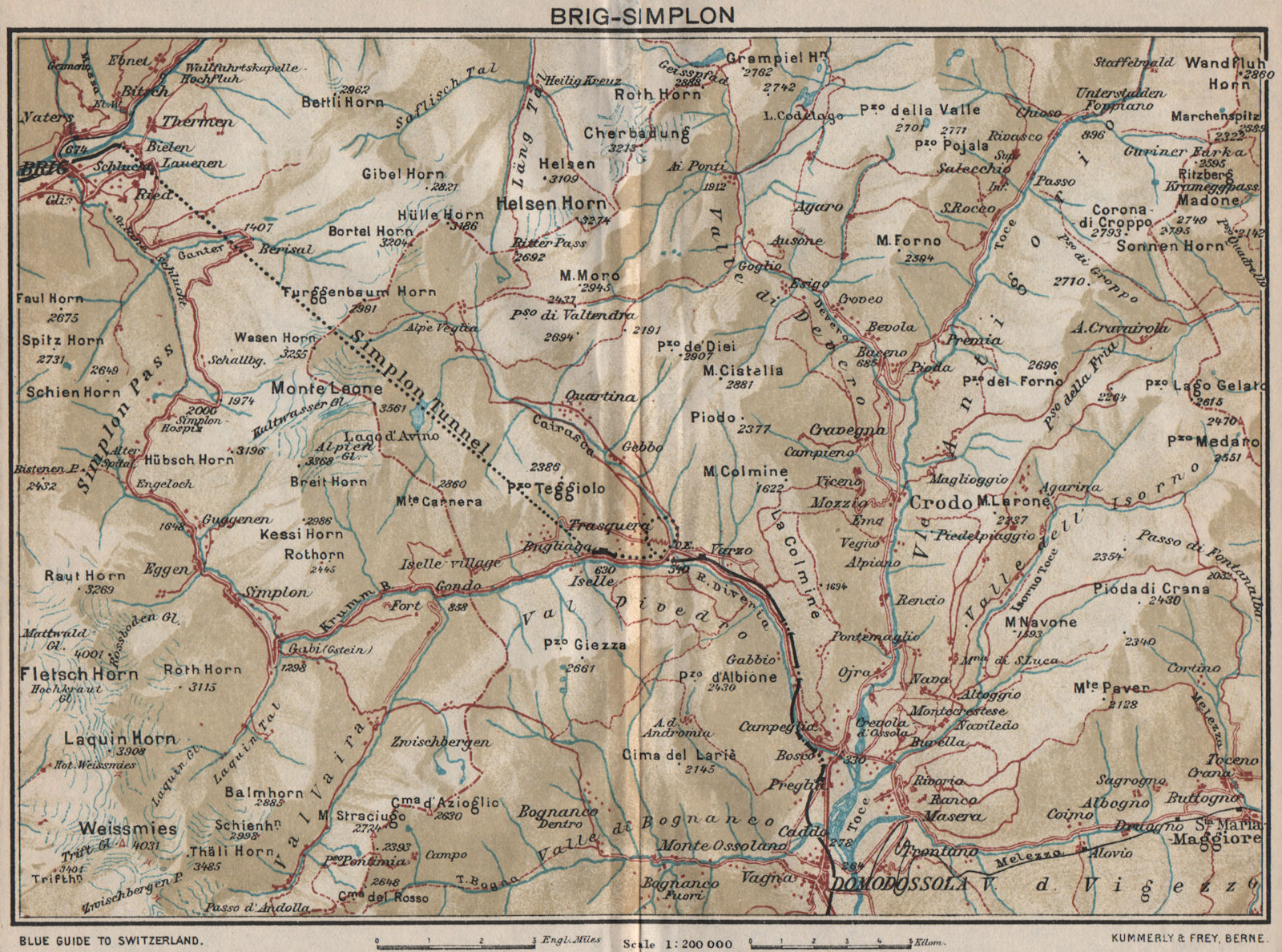 SIMPLON TUNNEL. Brig Domodossola. Vintage map plan. Switzerland Italy 1930