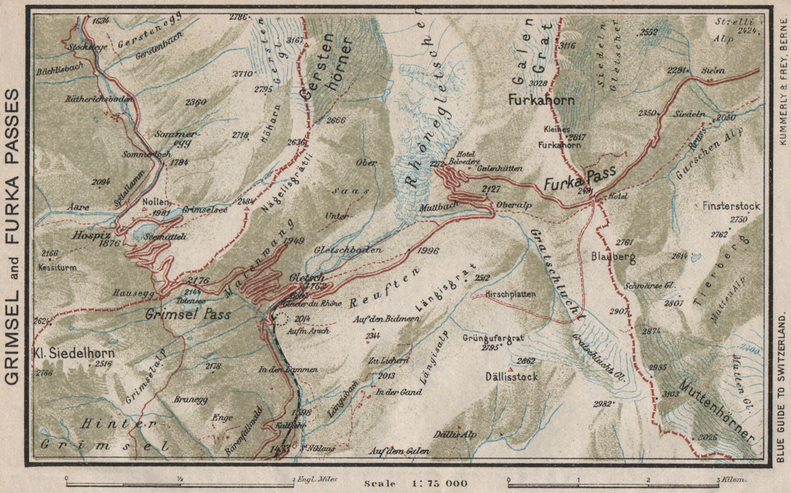 GRIMSEL AND FURKA PASSES. Gletsch. Vintage map plan. Switzerland 1930 old