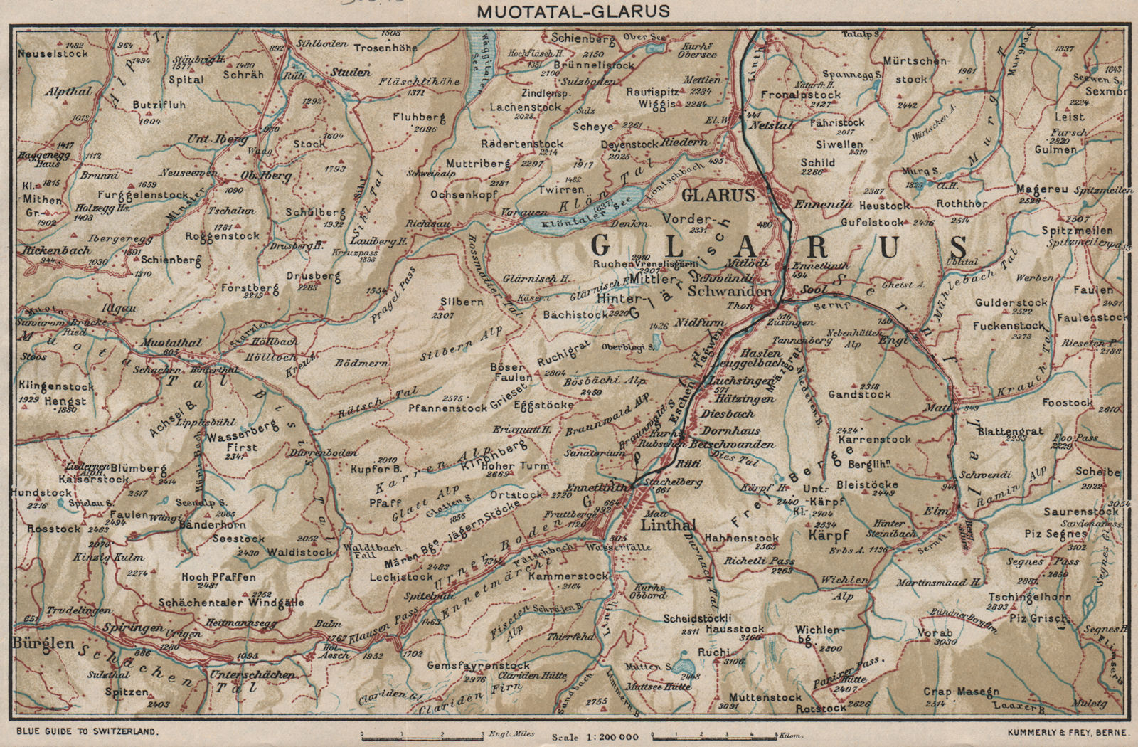 MUOTATAL-GLARUS. Elm Bruanwald Schwanden. Vintage map plan. Switzerland 1930