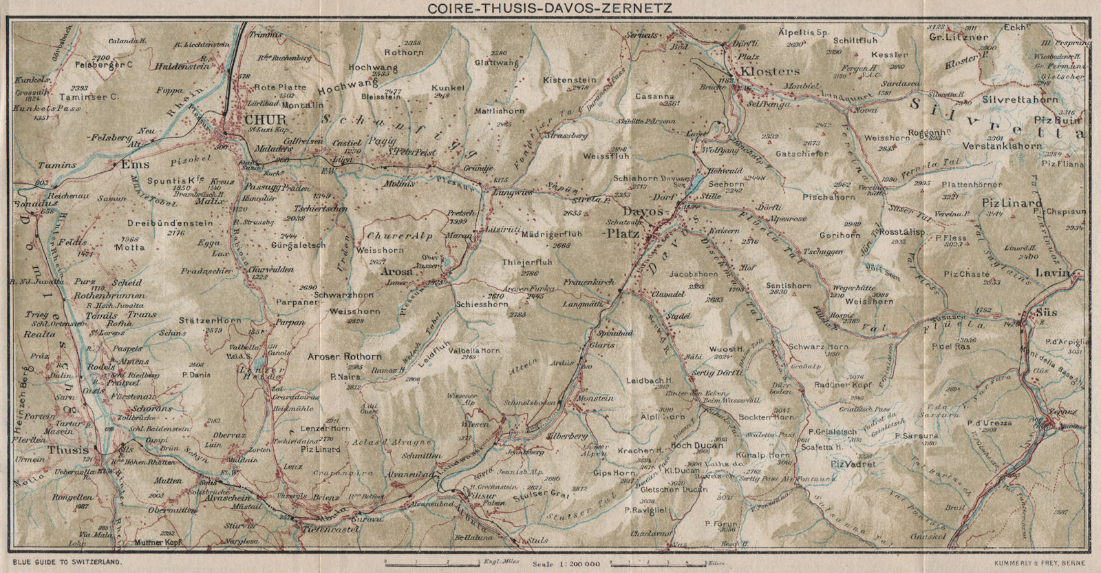 CHUR DAVOS ZERNETZ. Klosters Arosa Churwalden Lenzerheide Valbella 1930 map