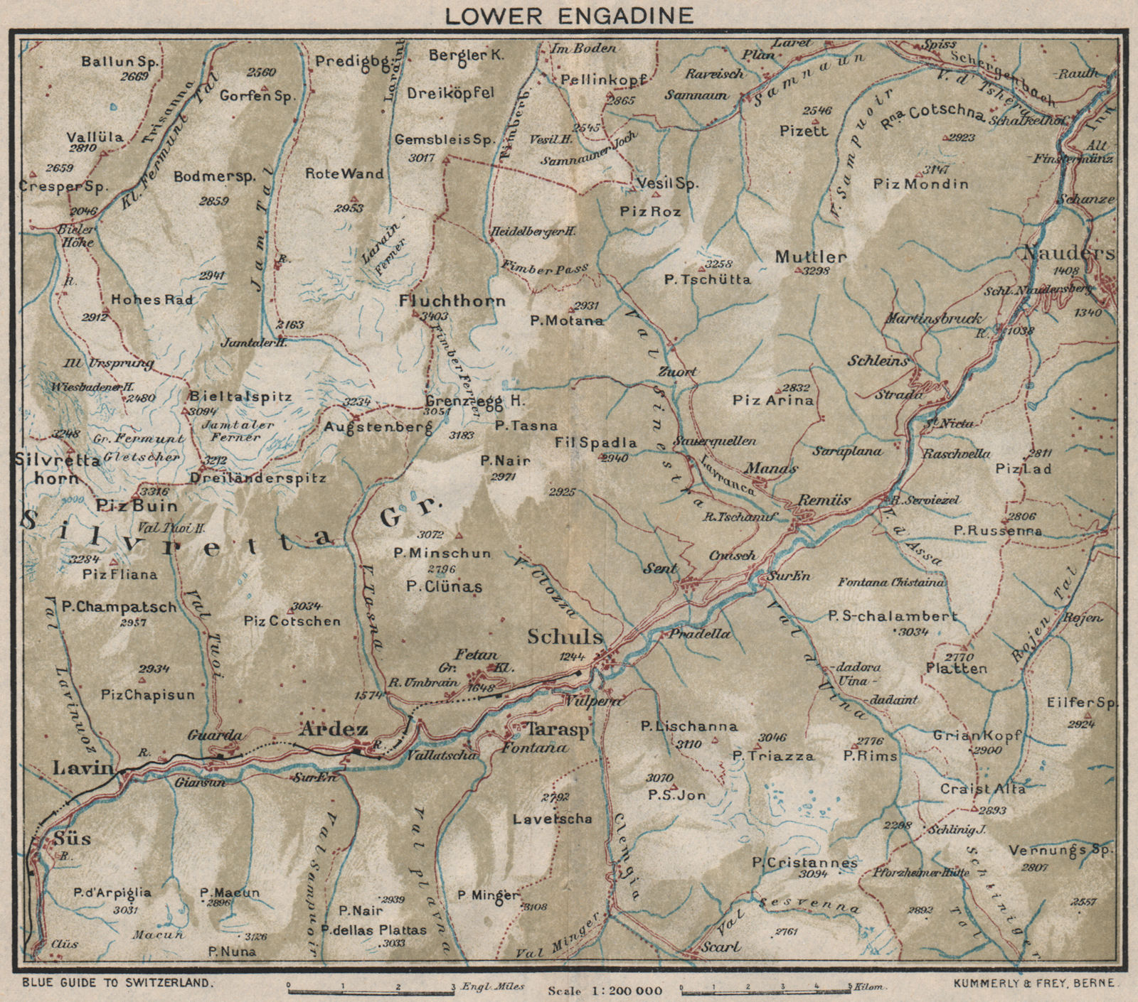 LOWER ENGADIN. Scoul/Schuls. Silvretta Gruppe. Unterengadin. Vintage map 1930
