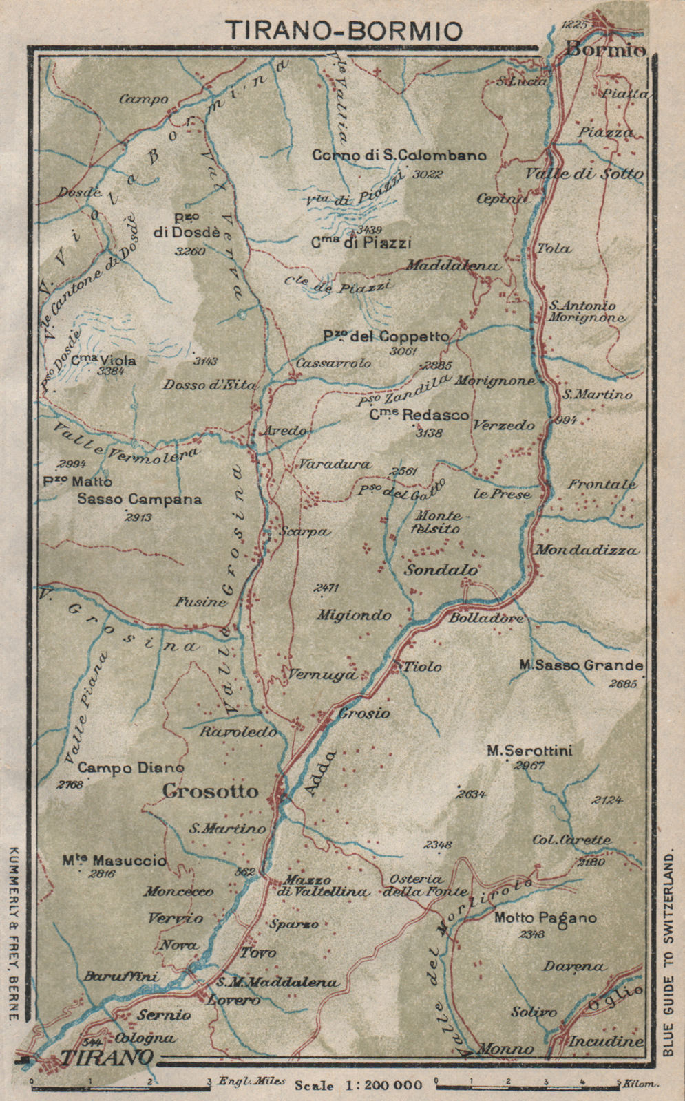 FIUME ADDA. Tirano Bormio Grosotto. Via Stelvio. Vintage map plan. Italy 1930