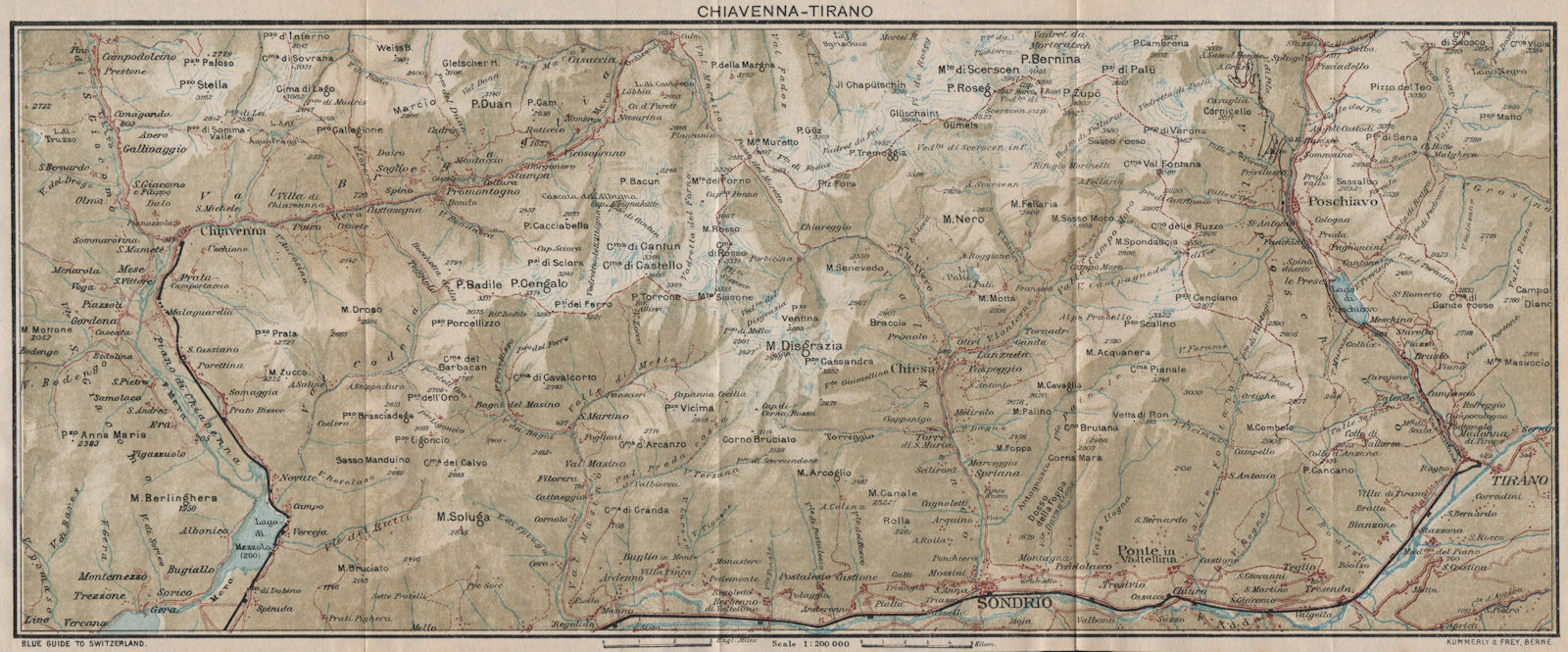 Associate Product CHIAVENNA-TIRANO. Chiesa Poschiavo Maloja Sondrio. Vintage map plan. Italy 1930