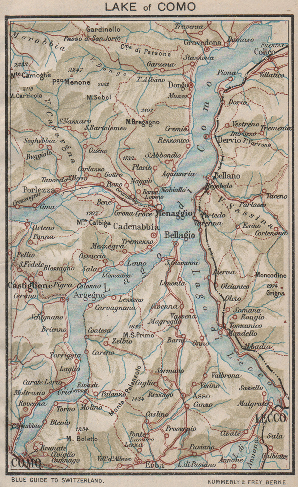 LAKE COMO. Lecco Menaggio Bellagio. Vintage map plan. Lago de Como. Italy 1930