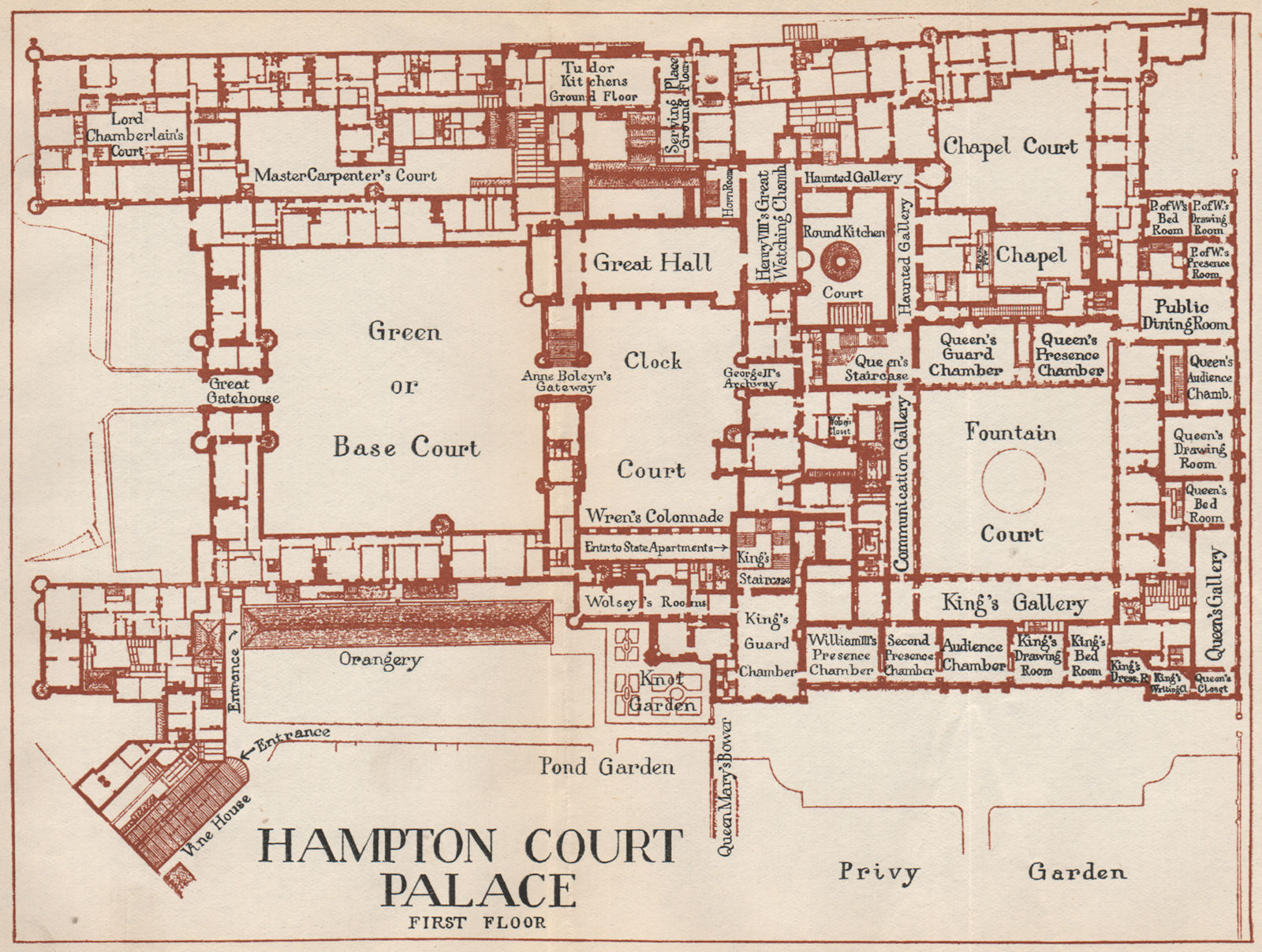 HAMPTON COURT PALACE. Vintage plan. First floor. London 1935 old vintage map