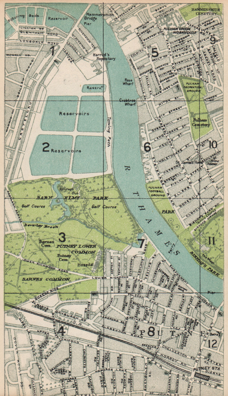 LONDON SW. Putney Barn Elms Fulham Castelnau Barnes Common 1935 old map
