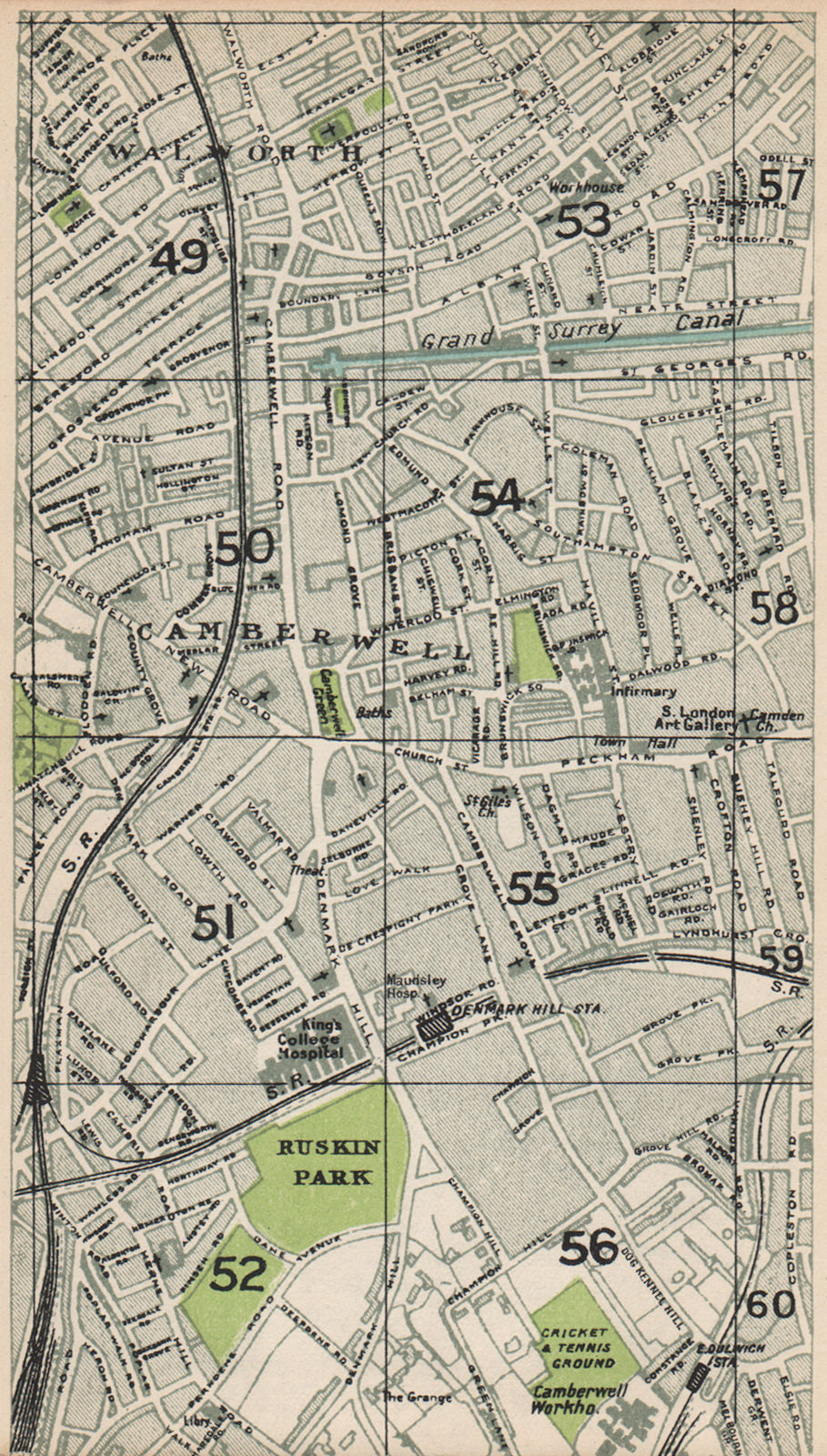 Associate Product LONDON S. Camberwell Walworth Denmark Hill East Dulwich Surrey Canal 1935 map