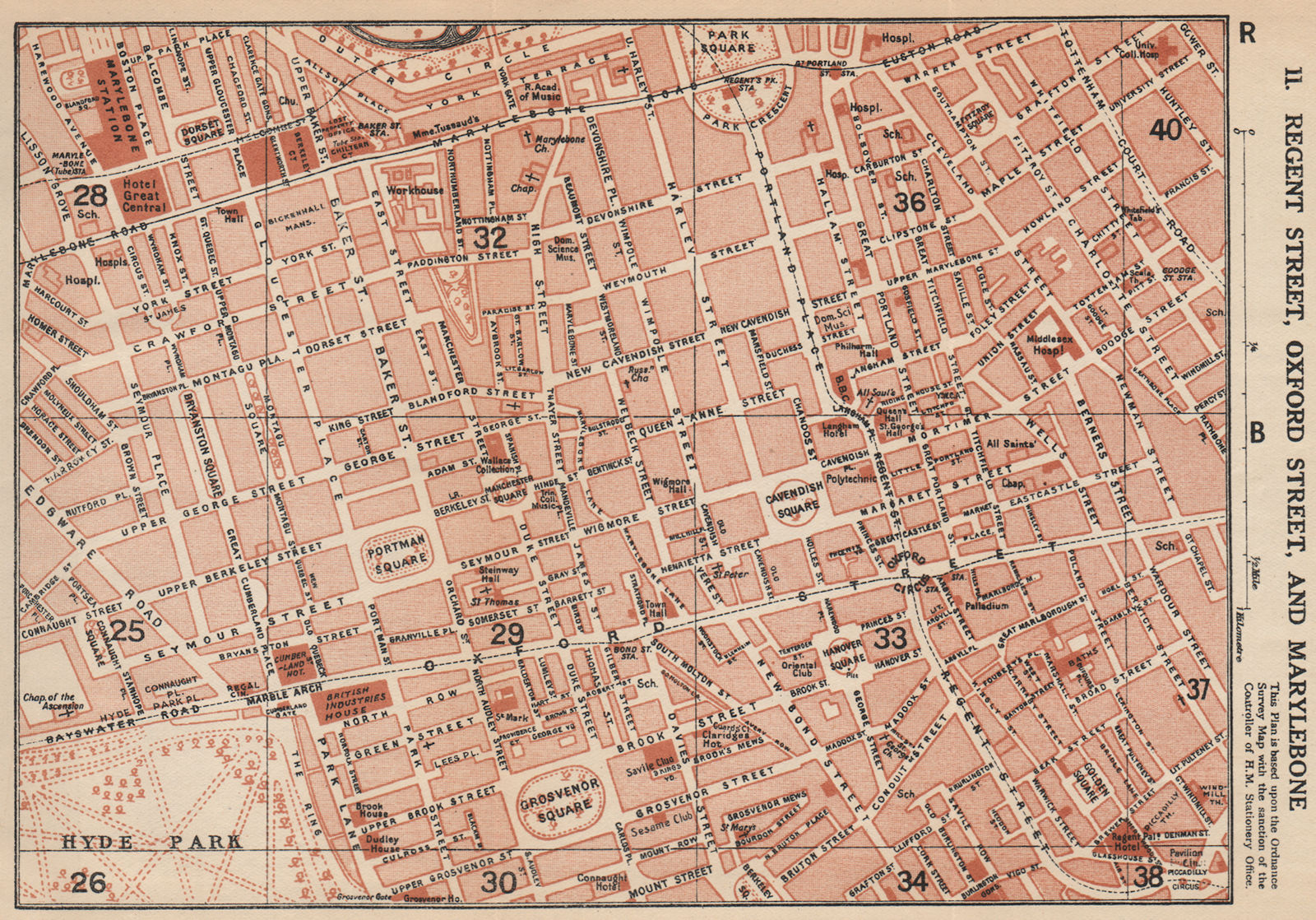 MARYLEBONE. Regent Street Oxford Street Mayfair Soho Fitzrovia. Vintage map 1935