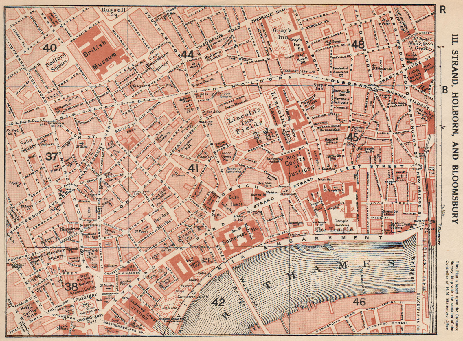 LONDON WEST END. Strand Holborn Bloomsbury Covent Garden. Vintage map 1935
