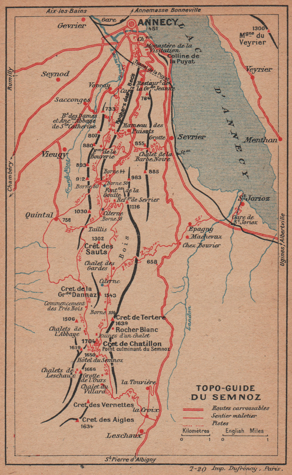SEMNOZ. lac d'Annecy. Vintage topo-guide map plan. Haute-Savoie 1920 old