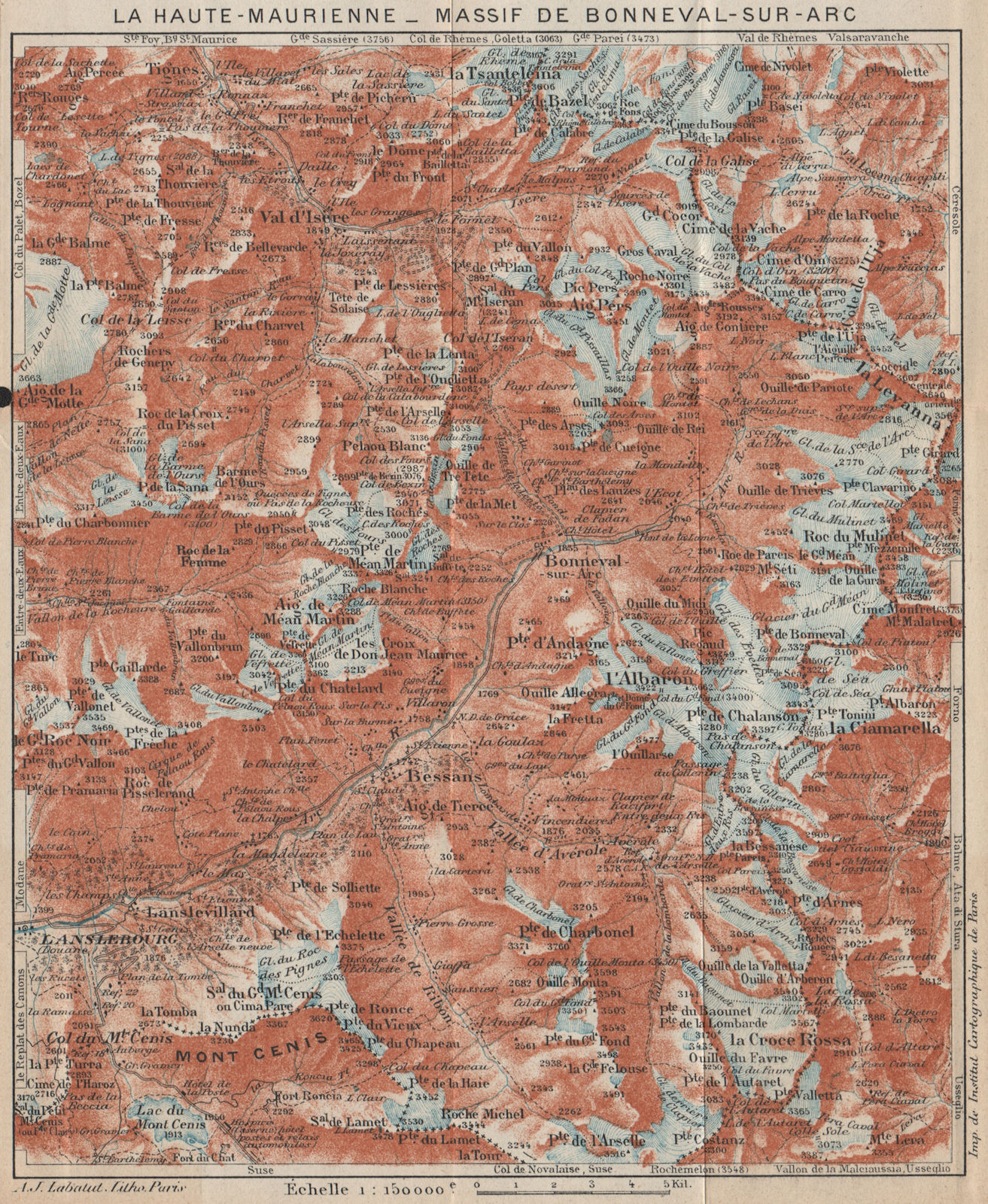 LA HAUTE-MAURIENNE.Massif de Bonneval-sur-Arc.Tignes Val d'Isère.Savoie 1920 map