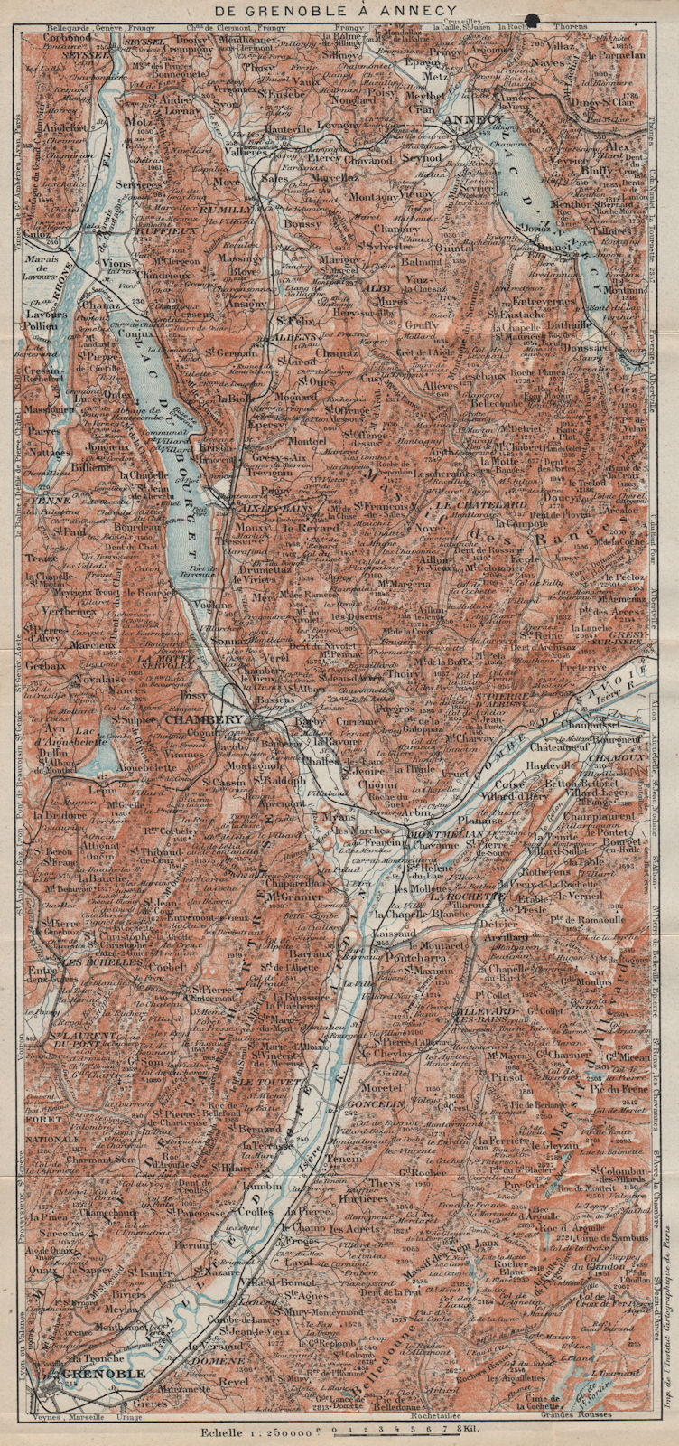 DE GRENOBLE À ANNECY.Chambéry Cartosio Bauges.Isère Savoie.French Alps 1920 map