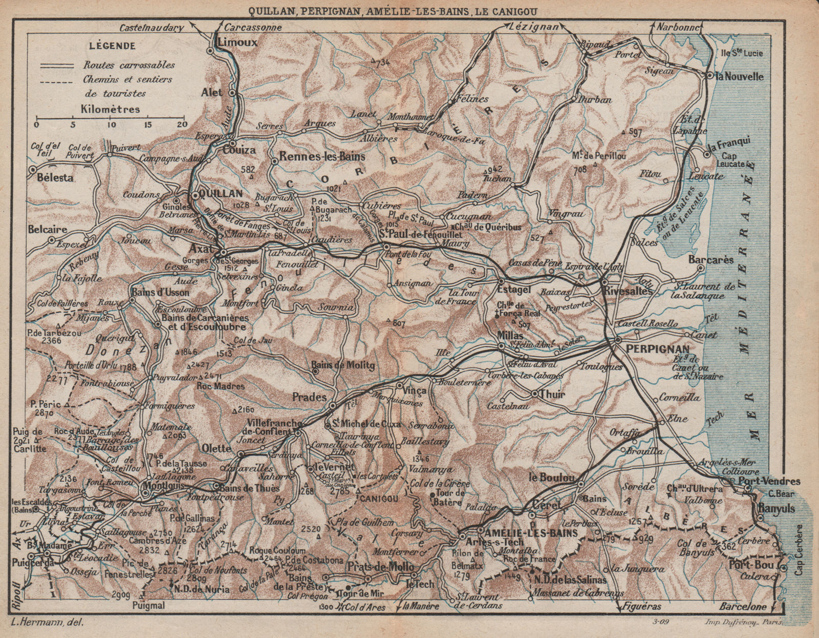 PYRÉNÉES-ORIENTALES LITTORAL.Quillan Perpignan Canigou Amélie-les-Bains 1907 map