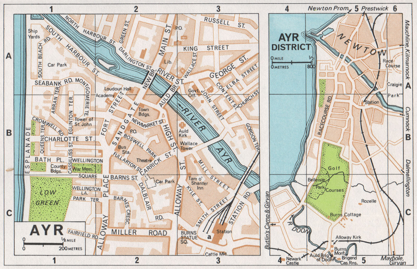 AYR & DISTRICT. Vintage town city map plan. Scotland 1967 old vintage