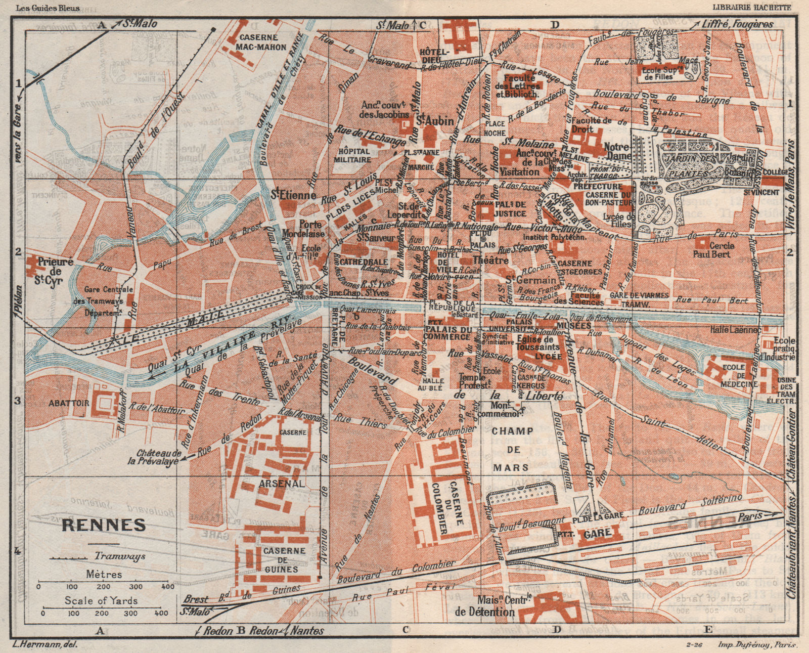 RENNES. Vintage town city map plan. Ille-et-Vilaine 1926 old vintage chart