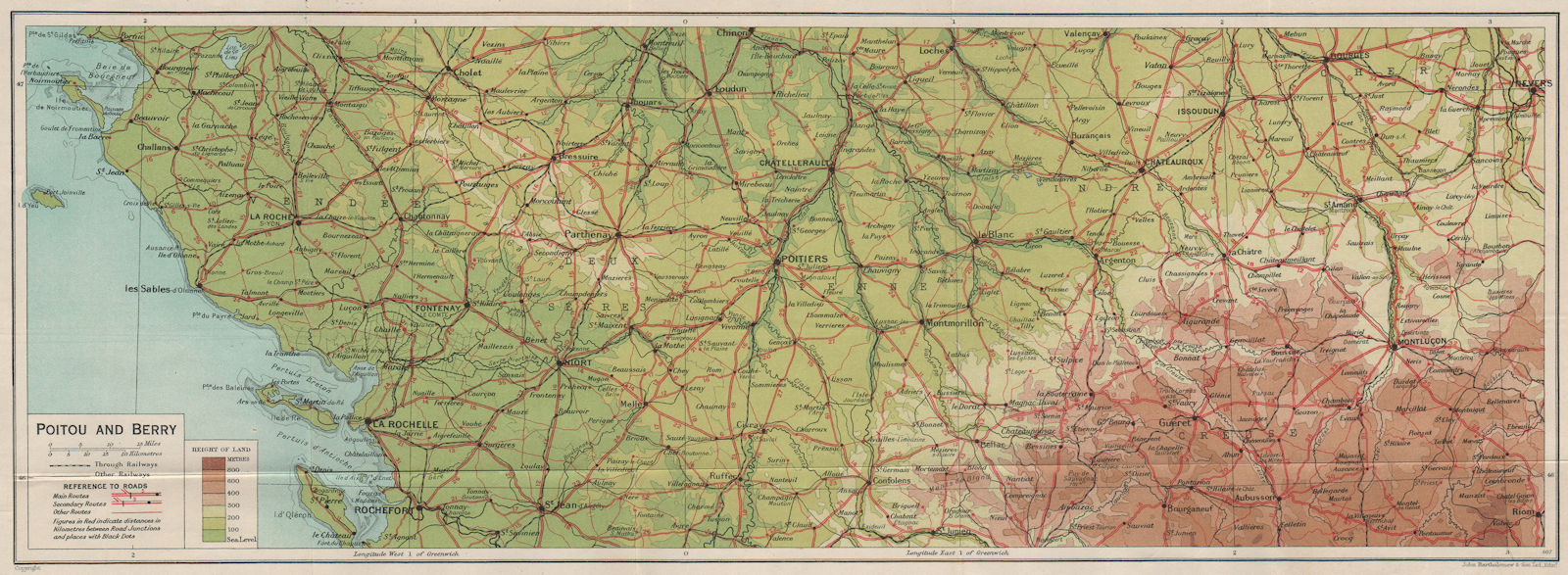 POITOU-CHARENTES & BERRY. Vendee La Rochelle Limousin Poitiers. Vintage map 1926