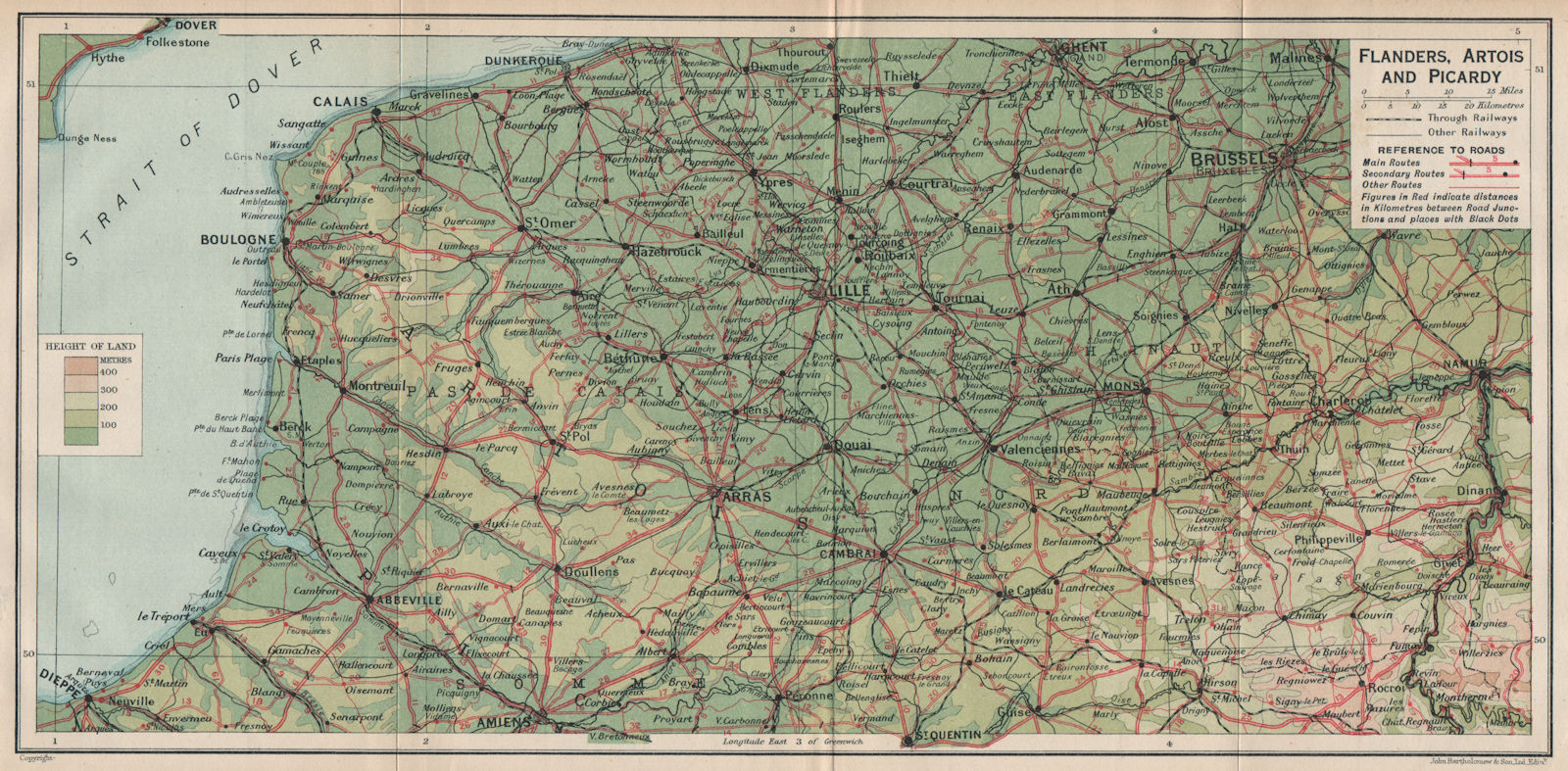 FLANDERS, ARTOIS & PICARDY. Railways Roads. Vintage map. France Belgium.  1922