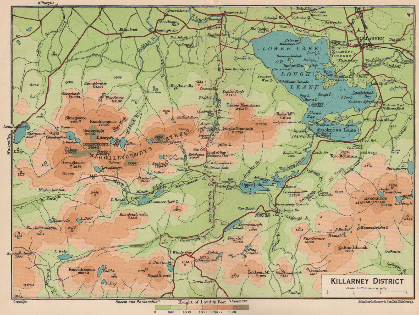 KILLARNEY LAKES. Vintage map. Ireland. Lough Leane. Macgillycuddy's Reeks 1949